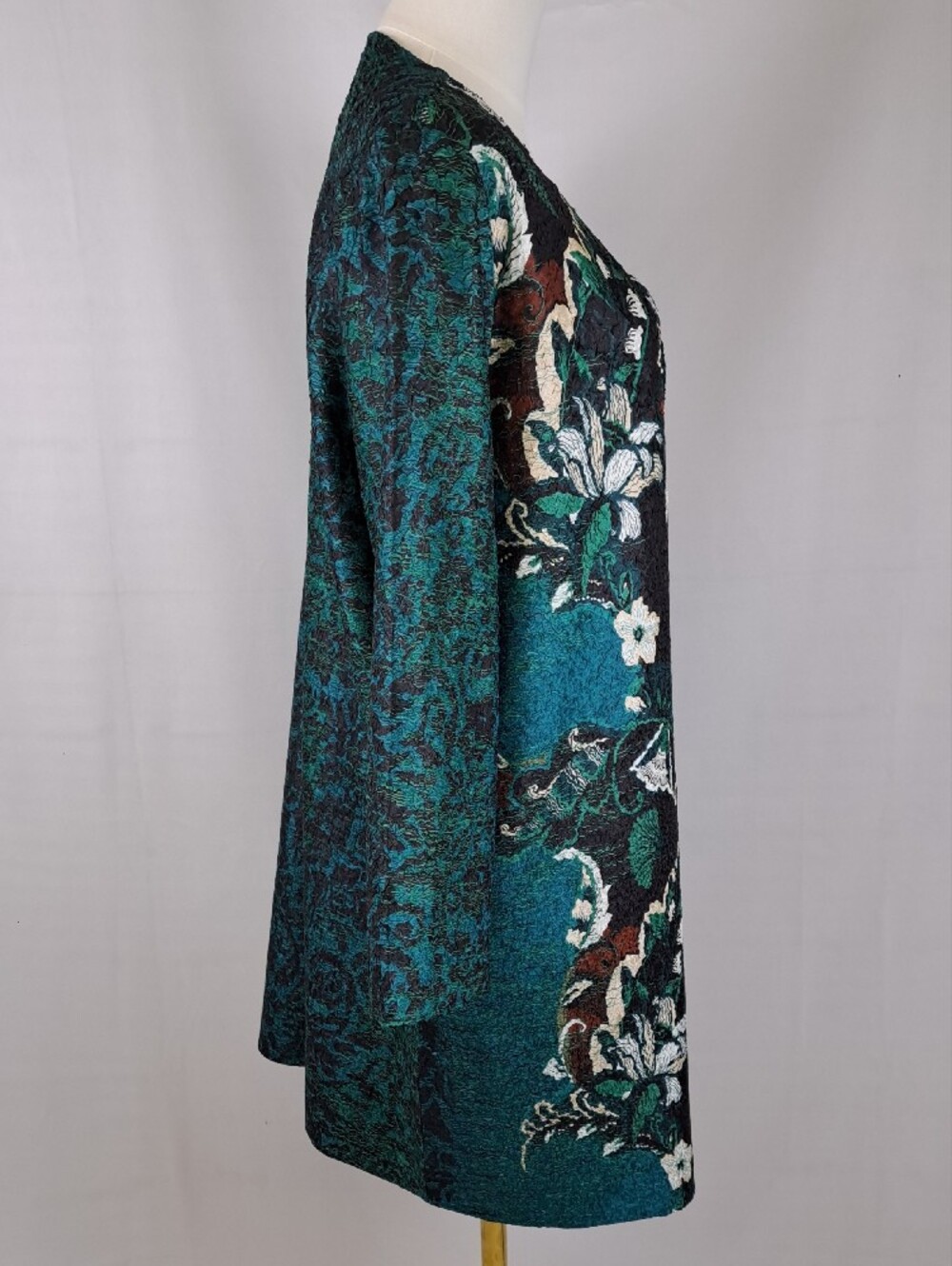 Funky Teal Lightweight Floral Tapestry Crinkle Knit Duster Coat Artsy Boho Sz L - Picture 2 of 12